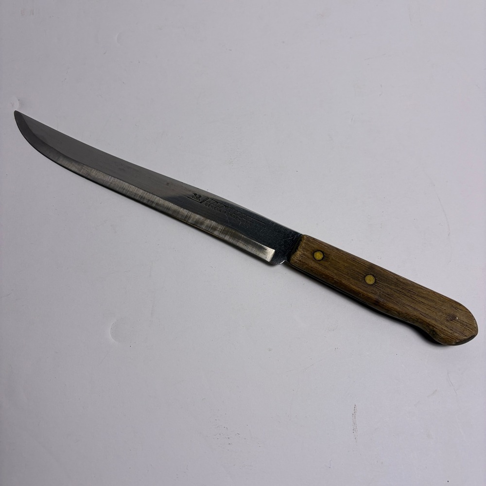Vintage Geneva Forge Slicer Knife 12" Brown Wood Handle Stainless Steel USA Made